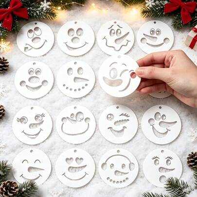 1 Set 8 pezzi Stencil per viso di pupazzo di neve natalizio, modelli di pittura riutilizzabili, adatti per pittura su legno, set di modelli natalizi, ideali per realizzare pupazzi di neve, artigianato in tessuto, pittura su pietra, decorazioni murali, biglietti di auguri e accessori