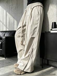 HEYKESON Men's Side Slit Zipper Cable Knit Drawstring Wide Leg Casual Cargo Pants - Khaki - View 6