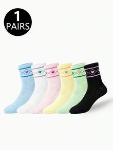 1/6/10 Pasang Kaos Kaki Wanita Motif Hati Aneka Warna Setinggi Betis, Segar Sepanjang Musim, Sederhana, Bersih, Kasual Serbaguna Gaya Preppy - MultiWarna - View 12