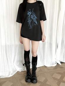 Y2K甜酷風卡通印花女款短袖T恤，寬鬆慵懶落肩純棉上衣，休閒深色系美學女式短袖T恤 - 黑色 - 查看 4