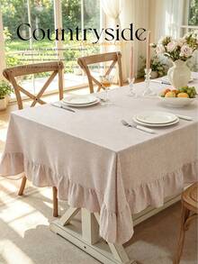 1pc Tablecloth With Ruffled Hem Decor, Polyester Fabric, Light Brown Plaid Pattern, Rectangular Or Square, Suitable For Dining Room And Living Room Table Decor - Light Coffee - View 10