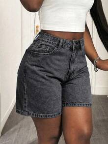 Women's Solid Color Pocket Button Casual Versatile Daily Wear Denim Shorts Summer - Grey - View 7