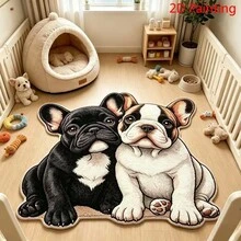 1pc Cute French Bulldog Shaped Cartoon Rug, 2D Realistic Printing Process, Vividly Depicting Two Adorable French Bulldog Images, Unique 3D Design, Breaking The Monotony Of Traditional Regular Rugs. Soft Plush Texture, Comfortable And Skin-Friendly Foot Feel, Washable Design, Easy Daily Care, Resistant To Dirt - A - View 3