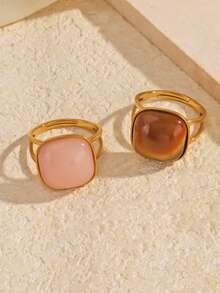 1 peça/2 peças Conjunto de Anéis Oval Vintage Elegante Banhado a Ouro 18K em Aço Inoxidável, Adequado para Uso Diário, Feriados e Encontros de Mulheres - Multicolorido - Visão 5