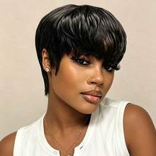 Pixie Wig Human Hair Wig Short Straight Pixie Cut Human Hair Wig 150% Density 6inch Daily Party Use Human Hair Wigs For Women Machine Made Natural Black 99j Brown Color - Multicolor - View 4