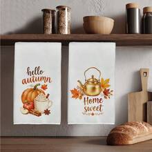 2PCS Kitchen Towel, Simple Autumn Pumpkin & Maple Leaf Pattern, 40*60cm Rectangular Microfiber Kitchen Towel, Dish Cloth, Tablecloth, Hand Towel, Kitchen Decor, Home Decor, Neighbor Housewarming Gift, Kitchen Napkin & Dish Cloth, Home Decor, Gift, Perfect For Kitchen & Bathroom Use - White - View 6