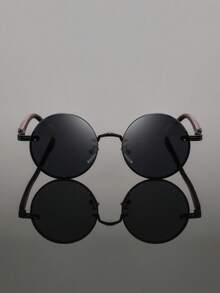 1 Pair Round Black Metal Unisex Glasses, Vintage Punk Street Style Fashion Eyewear, Suitable For Street Photography - Black - View 3