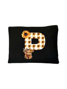 Cute Highland Cow Sunflower Letter Print Multifunctional Cosmetic Bag, Reusable, Storage Bag, Featuring Patterned Print Design, Lightweight Cosmetic And Toiletry Storage Bag, Medical Tool Kit, Zippered Makeup Bag, Lightweight Coin Purse, Toiletry Bag, Storage Bag, Travel Accessory, Shopping Essential - Multicolor - View 13