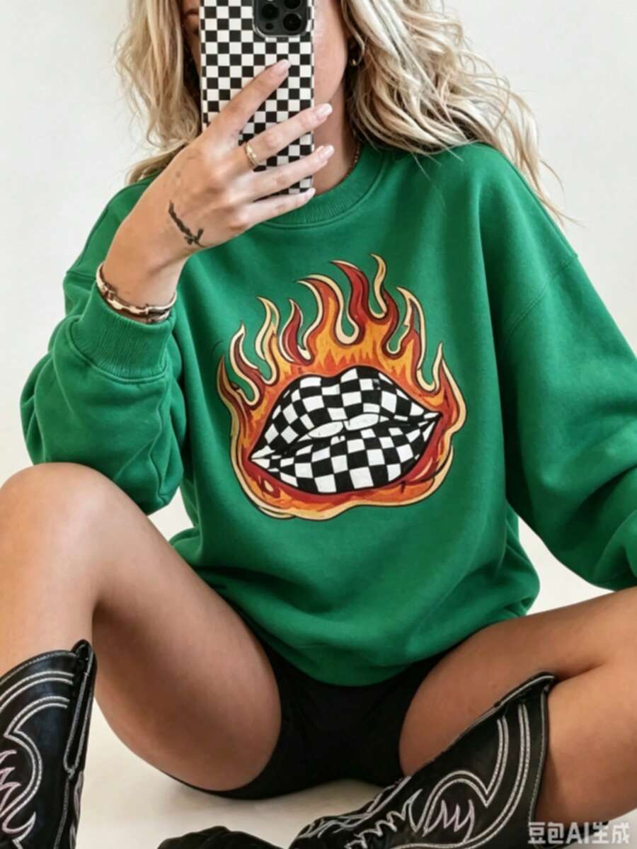 Checkered Flame Lips Shirt Western Graphic Tee Oversized Country Concert Tshirt Western Clothes Retro Country Tee Funny Graphic Tshirts - 綠色1 - 查看 1