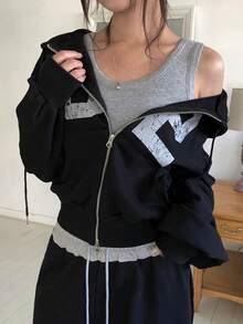 Vintage Printed Distressed Zip-Up Hoodie - Black - View 6