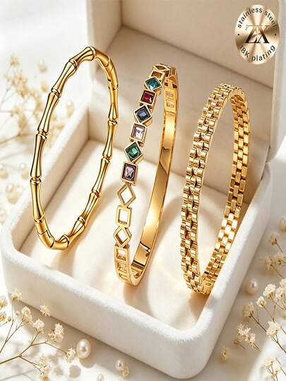 High-Quality Charming Jewelry 18K Gold-Plated Stainless Steel Bracelet, Fashionable Elegant Women's Bracelet With Sparkling Colorful Rhinestones, Bamboo Knot Design, Suitable For Women's Daily Wear, Party And Gathering