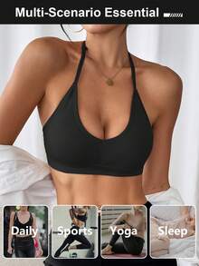 2pcs Seamless Ribbed Openback V‑Neck High Stretch Sports Bra, Removable Pads Fitness Tank Top, Soft Comfortable Breathable Yoga Bra - Black - View 7