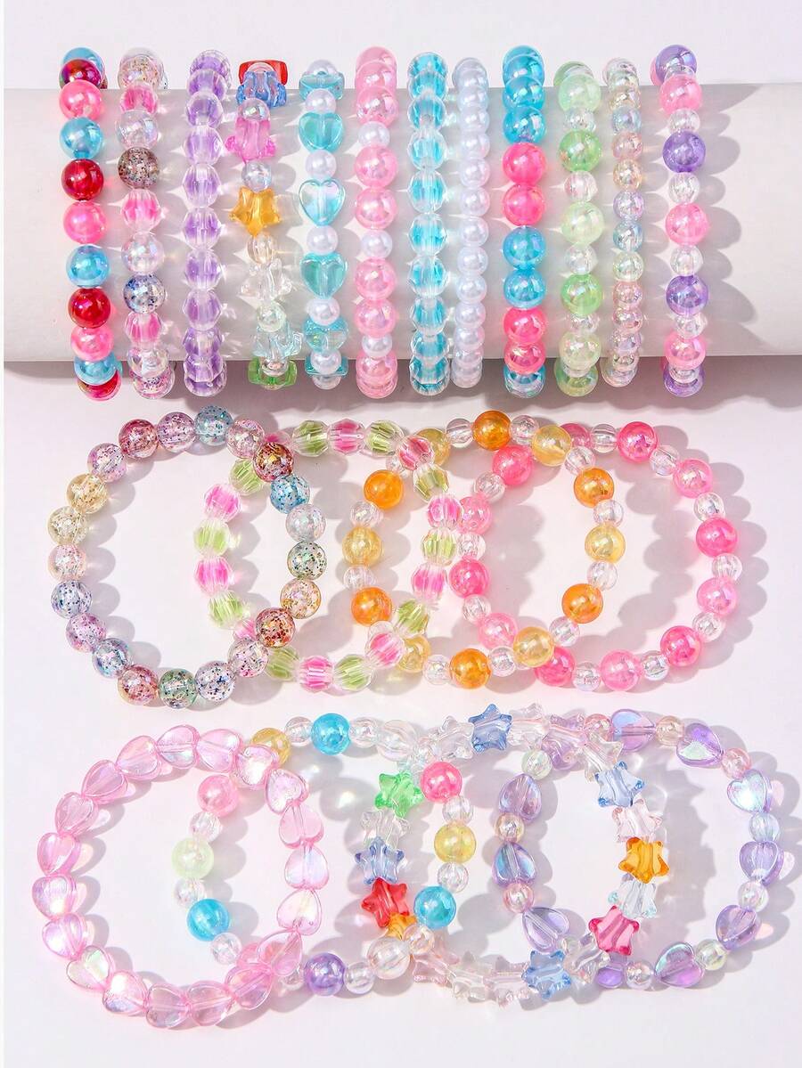 Set Gelang Anak Manik-Manik Aneka Warna dengan Liontin Hati & Bintang, 20 Buah, Warna Acak, Cocok untuk Pemakaian Sehari-hari dan Hadiah Ulang Tahun