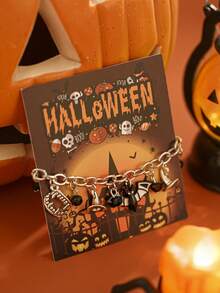 1 Peça Pulseira Estilo Punk Escuro para Halloween, Corrente Prateada Grossa com Morcego, Aranha, Presa, Chapéu de Bruxa, Pingentes Legais, Decorada com Acessórios de Cristal Preto Falso, Comprimento de Corrente Ajustável, Estilo Personalizado de Nicho, Adequado para Fantasia de Halloween, Uso Diário e Festa Temática, Cheio de Atmosfera - Prata - Visão 5