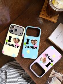 1pc Customized Commemorative Photo Name Minimalist Star Background Glossy Phone Case Personalized Signature Customization Anniversary Gift, Valentine's Day Gift, Birthday Gift, Wedding Gift, Mother's Day Gift, Father's Day Gift, Best Friend Gift, Gift For Mom/Dad, Gift For Boyfriend, Gift For Girlfriend 2-In-1 Glossy Film Full Coverage Hard Shell Phone Case Protective Cover Compatible With IPhone 11/12/13/14/15/16 17 Pro Max - Multicolor - View 3