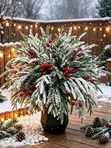 2/10pcs Artificial Norfolk Pine Branch With Red Berries, 13.97 Inch Cedar Branch, 13 Forks, Durable Plastic, Suitable For Wreaths, Garlands, Vase Fillers, Christmas Tree Decorations, Holiday Decor And Home Decor - Multicolor - View 8