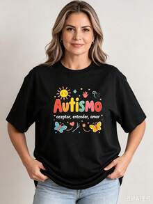 Camiseta gráfica femenina estampado mariposa autismo, corte informal, lavable aáquina - Negro - Ver 3