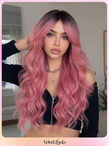 Topshe [Velvet Locks] 26 Inch Pink Gradient Synthetic Wig, Soft Heat-Resistant Voluminous Layered Wavy Curls With Curtain Bangs, Suitable For Daily Wear, Nightclub, Music Festival, Cosplay, Women's Wig - Multicolor - View 15