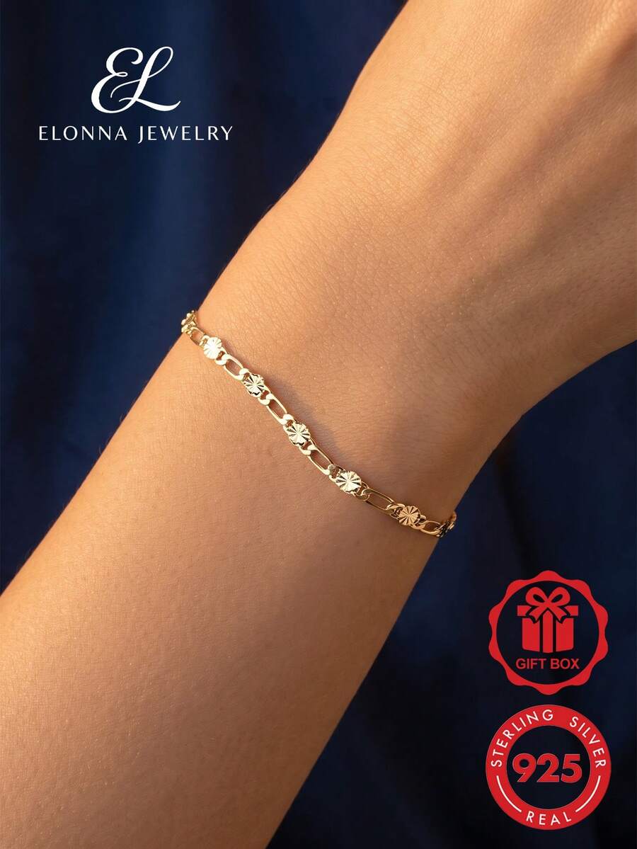 1pc 925 Sterling Silver Elegant Unique Mosaic Chain Hip Hop Bracelet - Yellow Gold - View 1