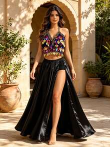 V Neck Colorful Sequin Gold Pendant Halter Dance Crop Top Satin High Waist High Slit Flowy Maxi Dance Skirt Exotic Stage Performance Dance Wear - Multicolor - View 6