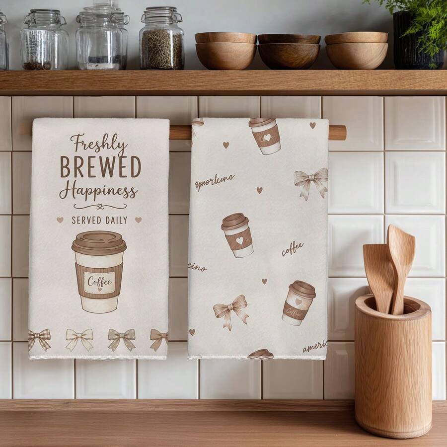 2PCS Kitchen Towels Coffee Cup Bow Healing Print Microfiber Absorbent Kitchen Towels, 40*60cm Rectangular Dish Cloth, Table Cloth, Hand Towel, Kitchen Decor, Housewarming Gift For Neighbors, Kitchen Napkins And Dish Cloth, Home Decor - Apricot - View 1