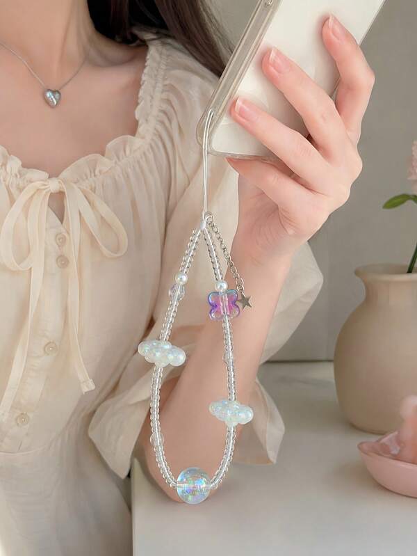 1pc Iridescent Cloud Butterfly Beaded Phone Lanyard, Clear Laser INS Gentle Hanging Rope, INS Style Fashion Accessory Anti-Loss Versatile Pendant, Summer Carnival Big Viral Girl Accessory, Phone Lanyard, CCD Charm, Bag Charm