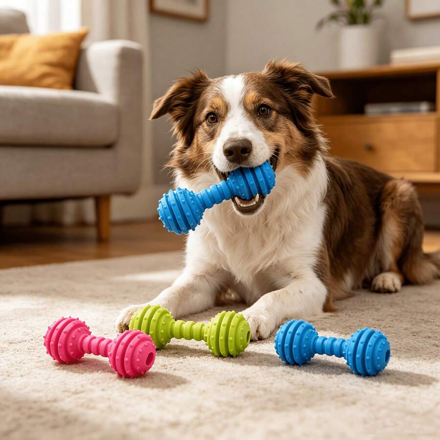 2pcs Random Color Pet Toy Dumbbell - Bell Dog Chew Teething Stick, TPR Material Interactive Boredom Relief Food Dispensing Puppy Teething Toy, Suitable For Small And Medium Dogs - Multicolor - View 1