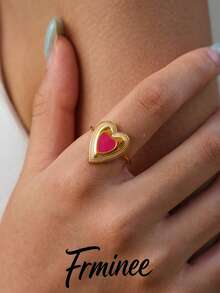Frminee 1pc 18K Gold Plated Enamel Heart Open Stainless Steel Ring, Red Heart Adjustable Statement Ring, Waterproof Jewelry, Romantic Jewelry For Women - Multicolor - View 2