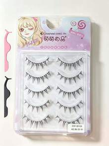 5 Pairs Long Soft Pointed Tail Curly 3D Defined Individual Full Upper False Eyelashes, Eye-Enlarging Reusable Manga Style - Black - View 6