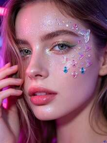 2pcs Mermaid Ocean Theme Face Gem Stickers, Iridescent Shell Fish Tail Rhinestone Pearl Face Decals, Self-Adhesive Face & Body Decoration, Suitable For Music Festival, Cosplay, Party,Halloween Costume - Multicolor - View 6
