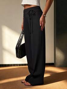 Casual Versatile Black Lace-Up Straight Leg Pants - Black - View 1