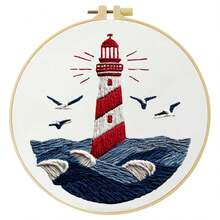 1PC 20*20cm/7.9*7.9in,Ocean Theme: Waves And Lighthouses Embroidery Kit, DIY Handmade Embroidery Set For Adult Beginners, Home Gift, Women's Sewing Gift, Including User Manual, Printed Pattern Fabric, Embroidery Frame, Needle And Thread. - Waves - View 17
