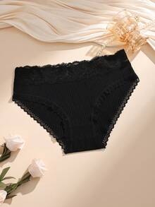 4 buah Celana Dalam Segitiga Wanita Katun Bergaris Motif Renda Hitam, Pakaian Dalam Wanita yang Menawan - Hitam - View 4