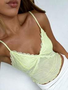 Women Y2K Sheer Lace Mesh Camisole Slim Fit V Neck Open Back Cami Tops Summer Spaghetti Strap Tank Tops Cute Lace Trim Crop Tops Party Club Outfit - 黃色 - 查看 1