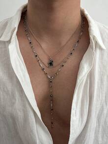 2pcs/Set Fashionable Personalized Multi-Layer Stackable Star Y-Shaped Necklace For Men, Vintage Silver Contrast Color Oil Drop Bead Chain, Niche Personalized Collarbone Chain Accessory - White K - View 3