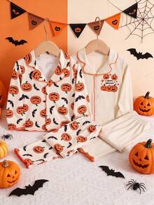 4-Piece Autumn/Winter Boys' Pumpkin Printed Long Sleeve Pants Combination Pajama Set, Skull, Spider Web, Halloween Home Dress, Entertainment Party - Multicolor - View 3