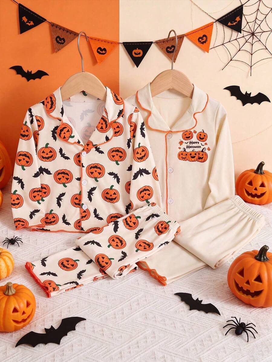 4-Piece Autumn/Winter Boys' Pumpkin Printed Long Sleeve Pants Combination Pajama Set, Skull, Spider Web, Halloween Home Dress, Entertainment Party - Multicolor - View 1