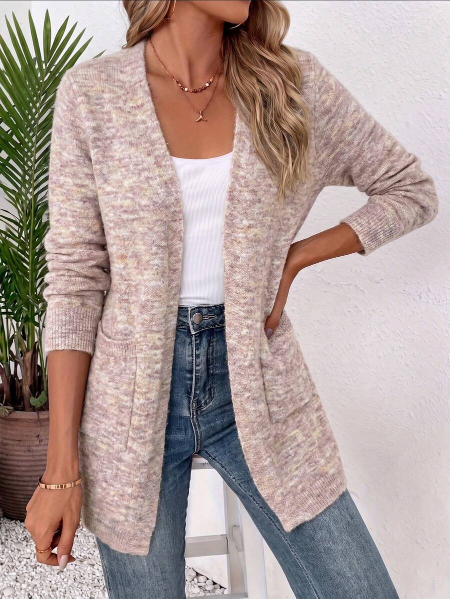 Women's Longline Knit Cardigan Sweater V-Neck Open Front Long Sleeve Patch Pockets Relaxed Fit Casual Elegant Fall Winter Commute Outerwear Vacation - Khaki - View 1