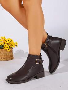 Women's Coffee Brown Metal Buckle Lace-Up Ankle Boots, Round Toe Low Square Heel Side Zipper Commuter Casual Short Boots - Coffee Brown - View 5