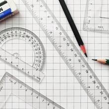 Juego de 5 piezas de reglas de geometría matemática, transportador, triángulo escolar, transparente | Herramientas de geometría de plástico transparente para dibujo, incluye transportadores, triángulos, regla recta, juego de dibujo redondo para clase de matemáticas y hogar - Conjuntos - Ver 5
