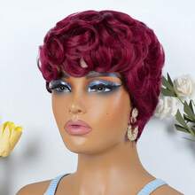 AMECIRE Red Curly Wig Pixie Cut Wig Human Hair Wig 99J Wig Women's Short-Hair Wig With Bangs Stylish Design Elastic Mesh Cap Suitable For Everyday Wear - S99J - View 8