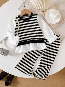 Korean Style Baby Girl Vintage Striped 2-Piece Set, Wavy Hem Faux Layered Patchwork Long Sleeve Top, Soft Textured Striped Loose Flared Pants, Spring/Autumn Outfit - Black and White - View 1
