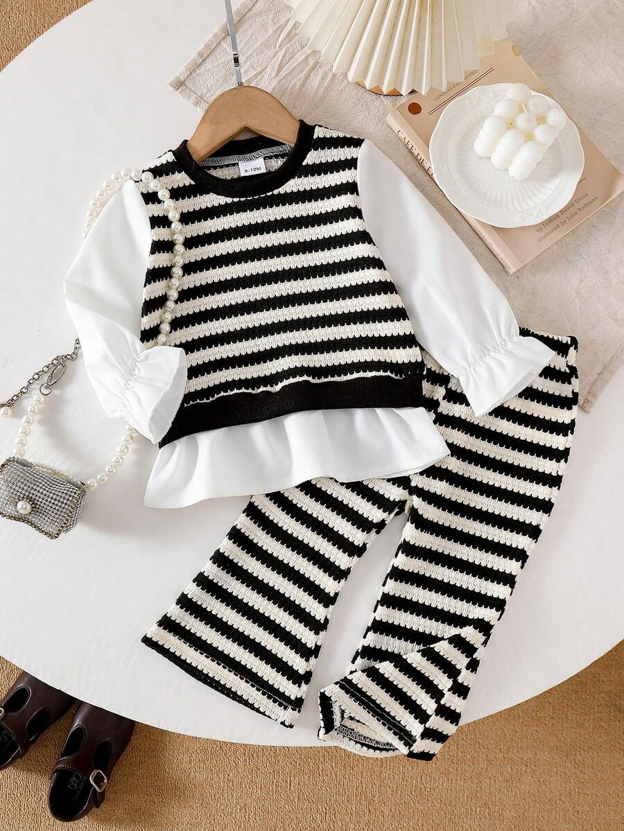 Korean Style Baby Girl Vintage Striped 2-Piece Set, Wavy Hem Faux Layered Patchwork Long Sleeve Top, Soft Textured Striped Loose Flared Pants, Spring/Autumn Outfit - Black and White - View 1