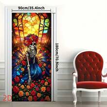 1 Stück dekorative Flagge mit bemalter Fenster-Blumen-Totenkopf-Dame – Gothic-Stil-Flagge für das Nekromantie-Festival in Kirchen, schöne Wandtextil-Flagge für Halloween-Shops, geeignet als Dekoration für Nekromantie-Festival-Partys und als Fotorequisite - A - Übersicht 2