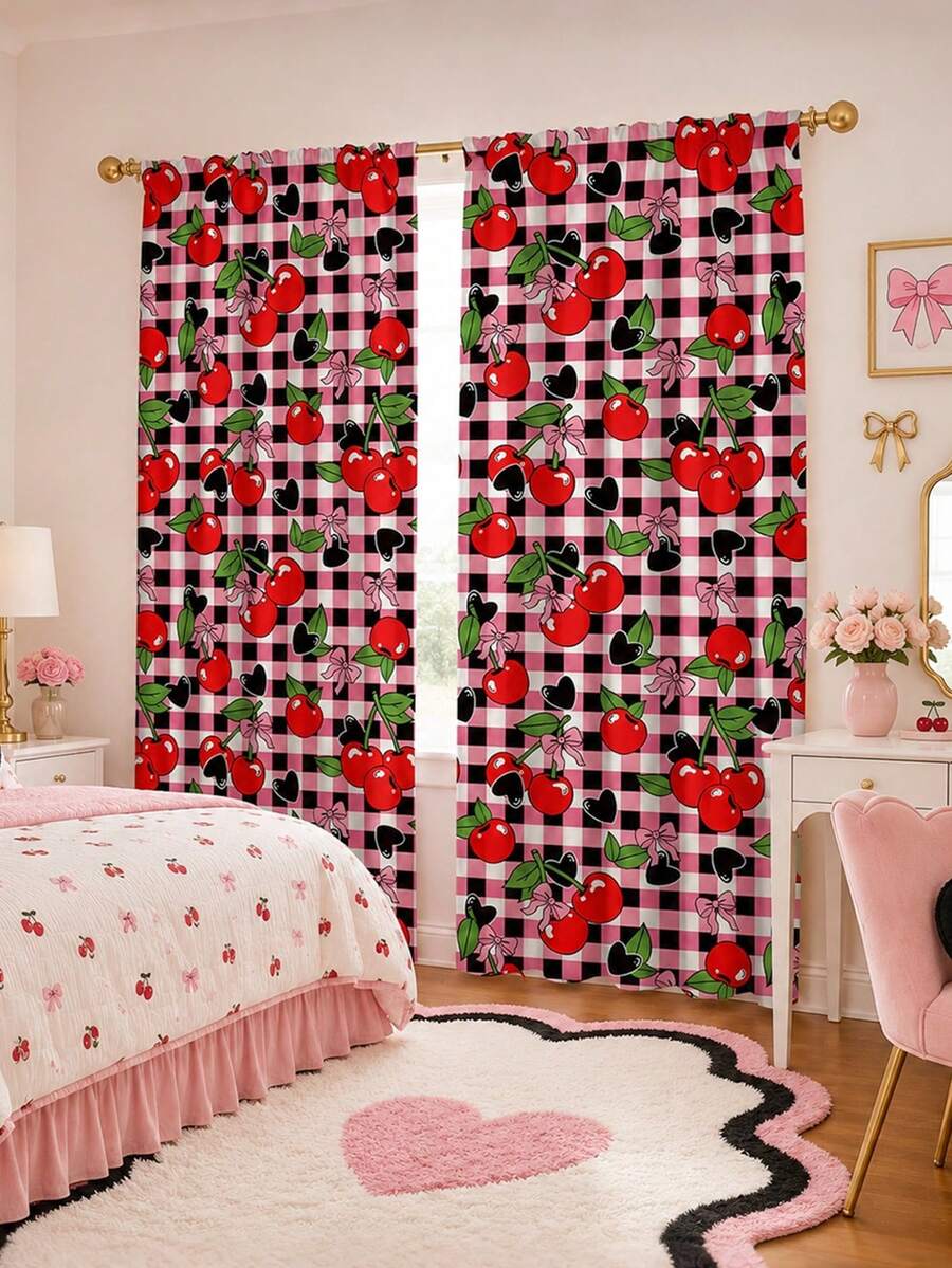 2PCS Cherry Print Curtains, Pink & Black Checkerboard Window Fabric, Sweet Bow & Heart Pattern Bedroom Living Room Home Decor - Multicolor - View 1