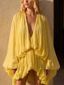 Women's Sexy Deep V Neck Long Sleeve Short Dress Gorgeous Boho Style Loose Fit Mini Dress - Yellow - View 1