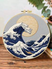 1PC 20*20cm/7.9*7.9in,Ocean Theme: Waves And Lighthouses Embroidery Kit, DIY Handmade Embroidery Set For Adult Beginners, Home Gift, Women's Sewing Gift, Including User Manual, Printed Pattern Fabric, Embroidery Frame, Needle And Thread. - Waves - View 8