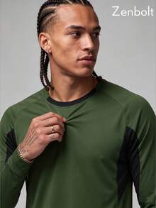Zenbolt Men's Colorblock Raglan Sleeve Slim Fit Sports T-Shirt, Long Sleeve Crew Neck Workout Athletic Top,For Training Outdoor Sports Wear - Army Green - View 3