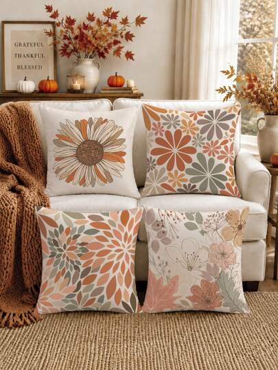 4pcs Warm Brown Vintage Geometric Line Floral Cushion Covers, Single-Sided Printed Skin-Friendly Peach Skin Velvet Material, 45*45CM Pillowcases Suitable For Home Bedroom Living Room Room Party Holiday Decoration, Sofa Decoration Cushion Covers Gift Without Pillow Insert