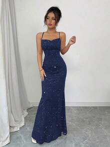 Vestido de fiesta con diseño de cordones y detalles con brillo para mujeres - Azul marino - Ver 4